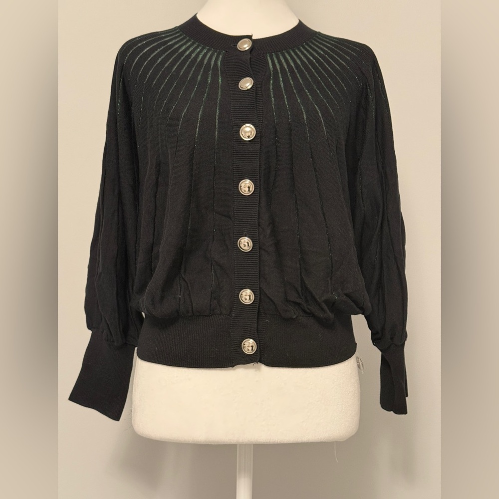 Chic Black/Green Button-Up Cardigan/Black Knit Pant Set